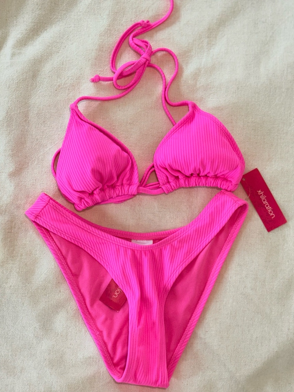 Target Xhilaration Ribbed Hot Pink Triangle Bikini Set NWT M Top S bottom